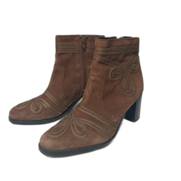 Very Volatile booties Women 8.5 brown genuine suede embroidered ankle boot Retro - Picture 1 of 7